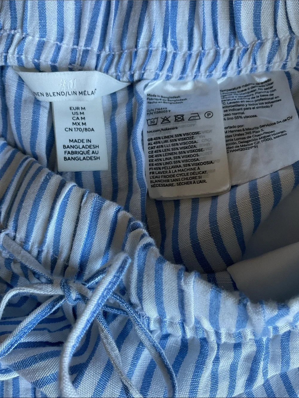 H&M Blue and White Linen Blend Elastic Waist Draw String Pants size M